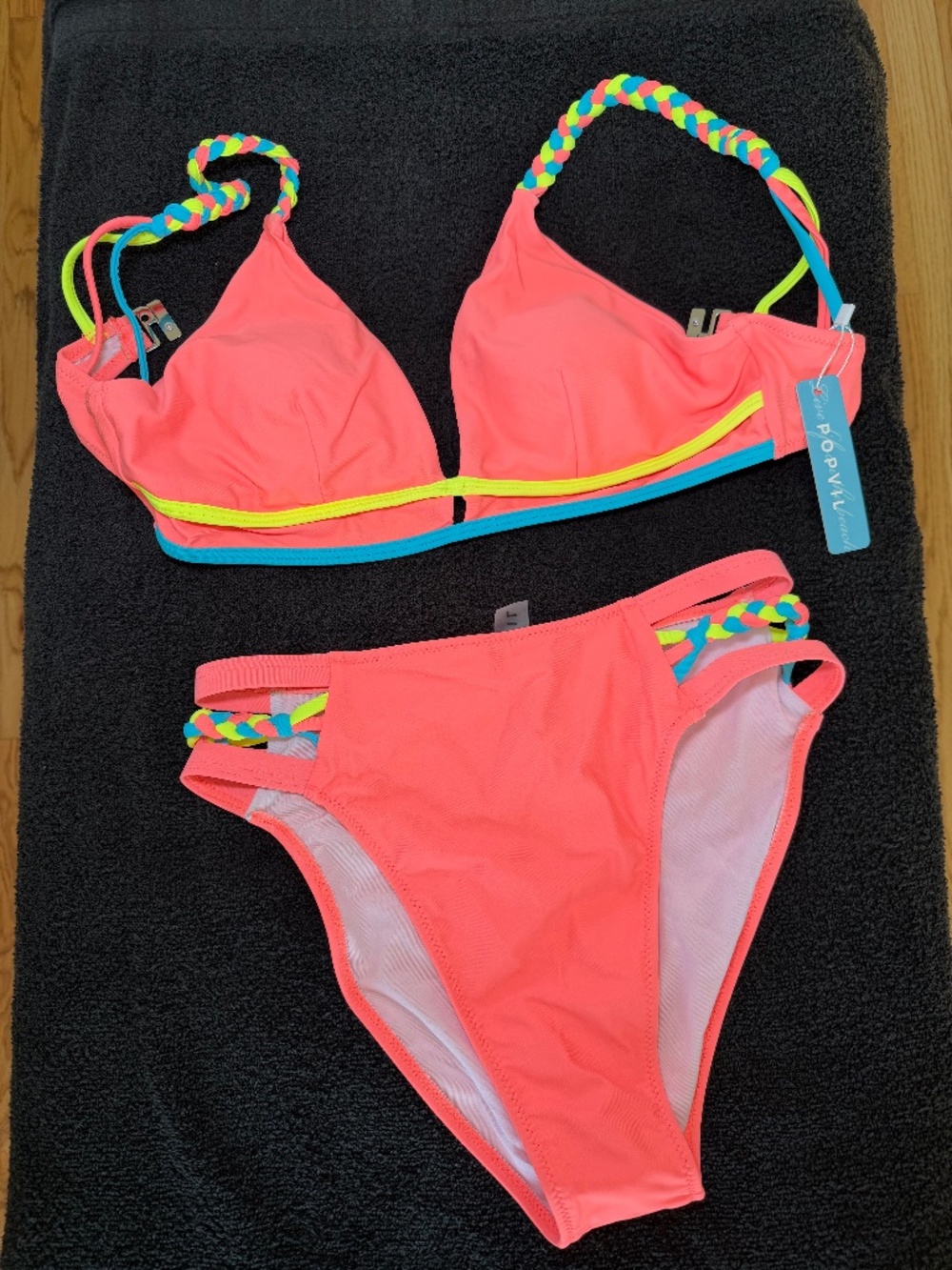 NEW Popvil Color Contrast Patchwork Midwaist Bikini Set